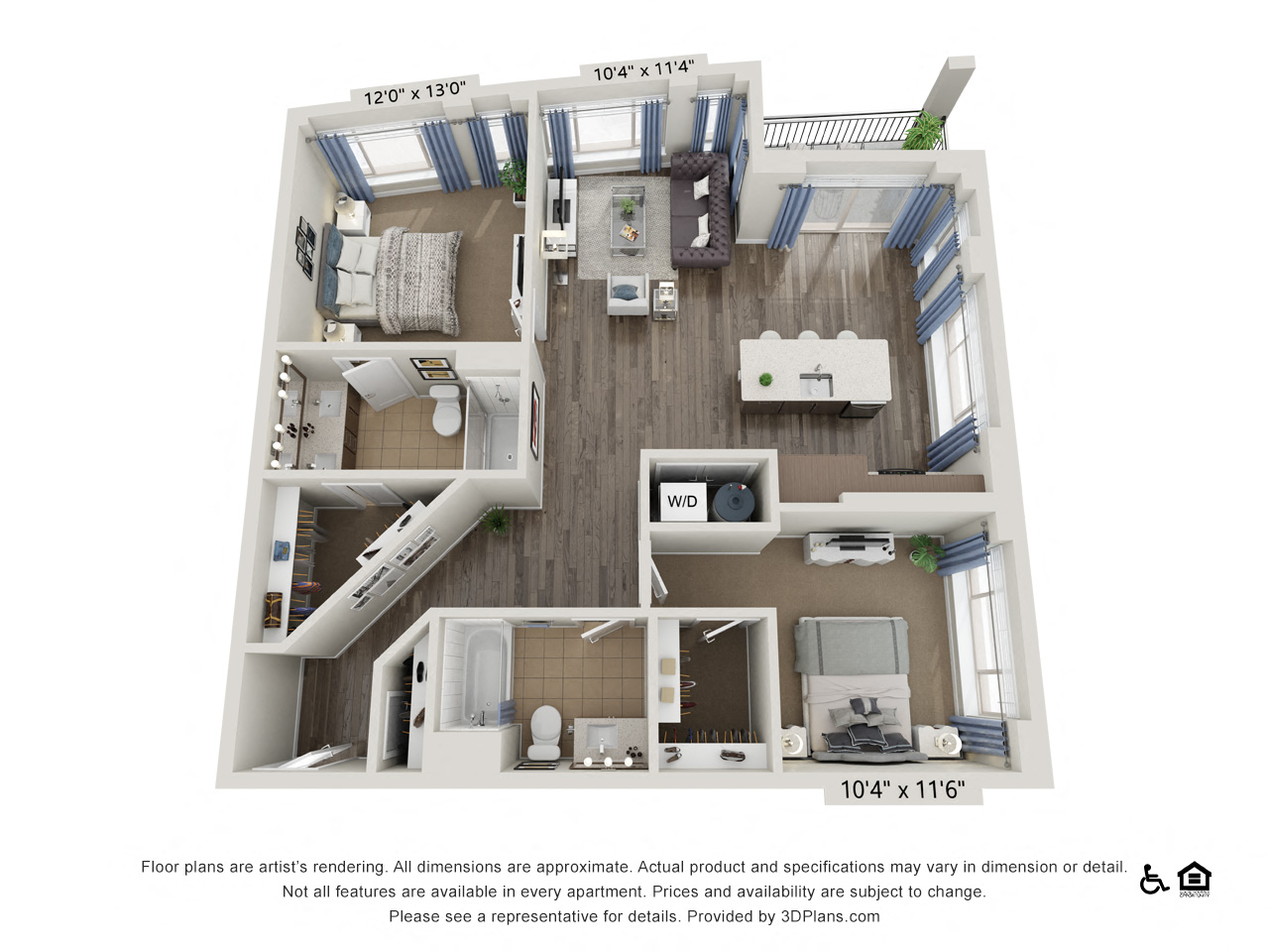 Floor plan for 2 beds, 2 baths, 1160 sqft